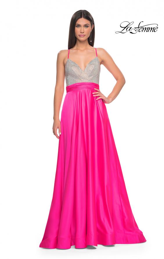 Picture of: Satin Gown with Sheer Rhinestone Bodice in Neon in Neon Pink, Style: 31448, Detail Picture 1