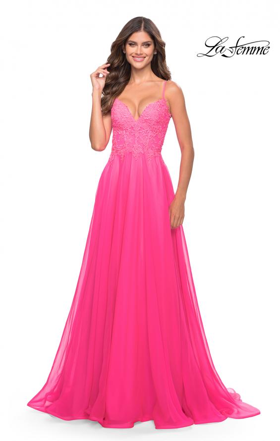 Picture of: A-line Gown with Sheer Floral Embellished Bodice in Neon Pink in Neon Pink, Style: 31506, Detail Picture 1