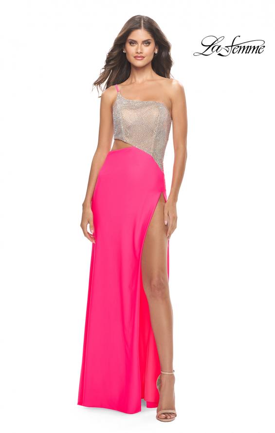 Picture of: One Shoulder Dress with Side Cut Out and Rhinestone Bodice in Neon Pink, Style: 31600, Detail Picture 1