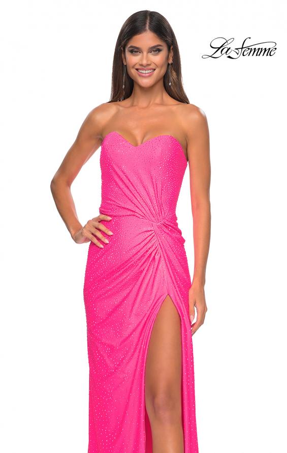 Picture of: Strapless Fitted Rhinestone Embellished Gown with Knot Detail in Neon Pink, Style: 32175, Detail Picture 1