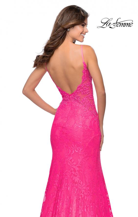 Picture of: Long Mermaid Lace Dress with Back Rhinestone Detail in Neon Pink, Style: 28355, Detail Picture 2