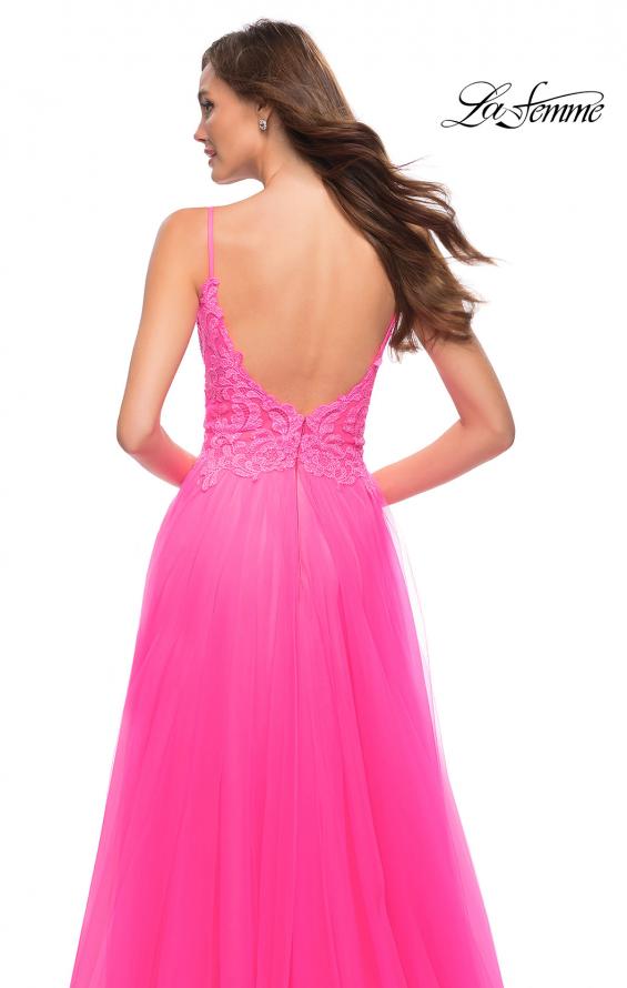 Picture of: A Line Tulle Gown with Lace Bodice and V Back in Neon Pink, Style 29964, Detail Picture 2