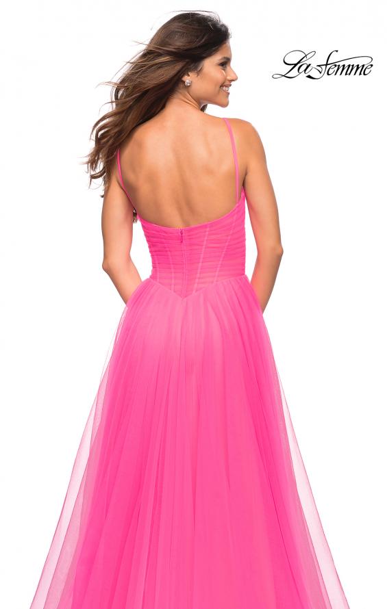 Picture of: Neon Pink Tulle A-line Prom Dress with Corset Sheer Bodice in Neon Pink, Detail Picture 2