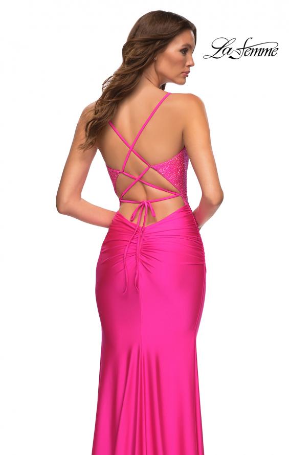 Picture of: Neon Jersey Dress with Rhinestone Beaded Top and V Neck in Pink, Style: 30601, Detail Picture 2