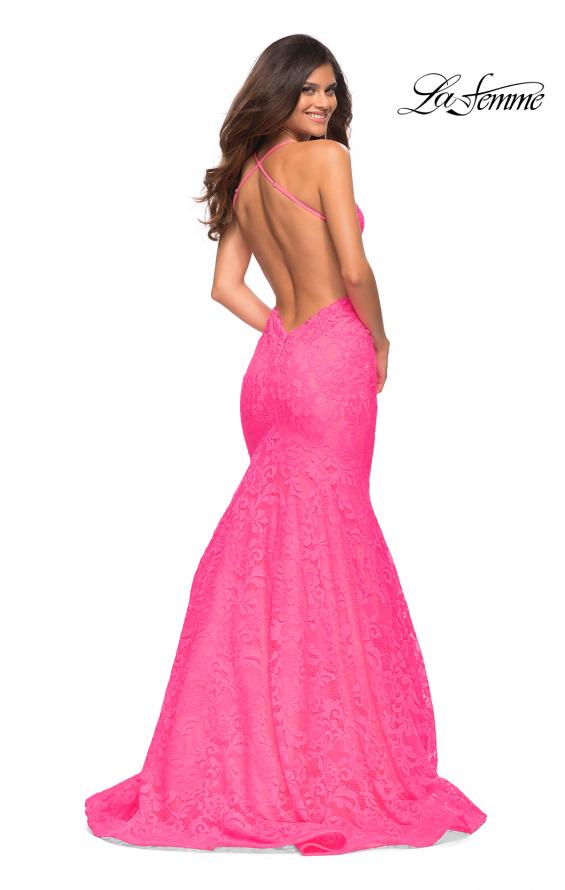 Picture of: Neon Pink Mermaid Lace Gown with Sheer Bodice and Open Back in Neon Pink, Detail Picture 2