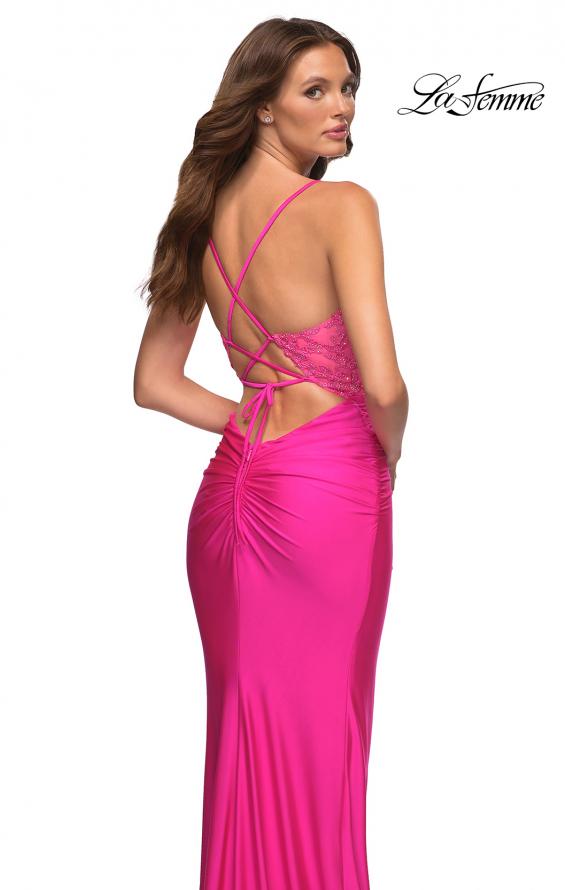 Picture of: Neon Prom Dress with Beautiful Lace Bodice and Jersey Skirt in Pink, Style: 30606, Detail Picture 2