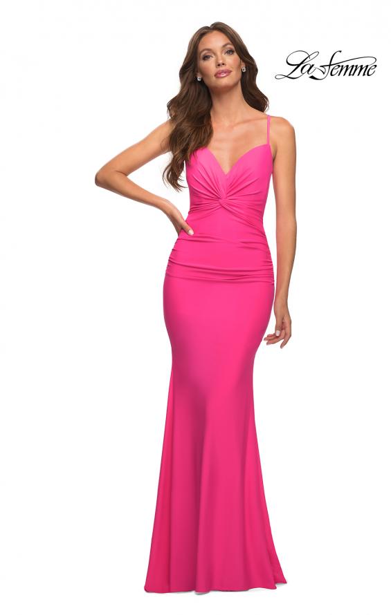 Picture of: Neon Prom Dress with Knot at Waist and Open Back in Pink, Style: 30611, Detail Picture 2