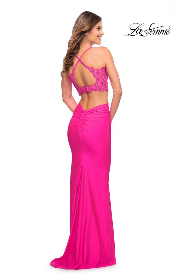 Picture of: Neon Pink Lace and Jersey Two Piece Illusion Top Dress in Neon Pink, Style: 30614, Detail Picture 2