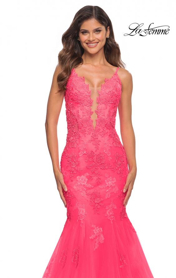 Picture of: Tulle and Lace Mermaid Gown in Neon Pink in Neon Pink, Detail Picture 2