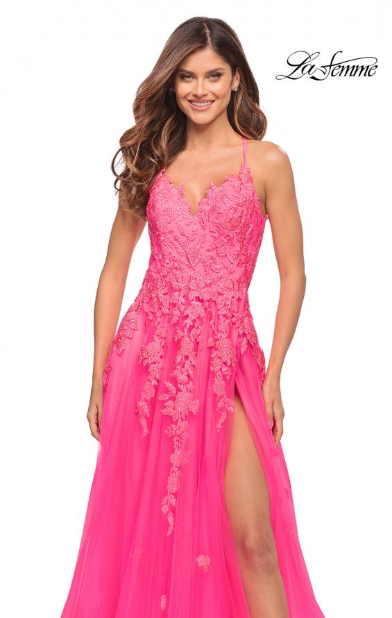 Picture of: Gorgeous Lace and Tulle Ball Gown with High Slit in Neon Pink in Neon Pink, Style: 30693, Detail Picture 2