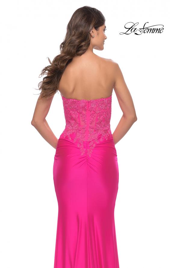 Picture of: Stunning Strapless Jeweled Lace and Jersey Dress in Neon Pink, Style: 30696, Detail Picture 2