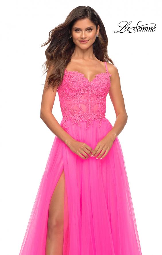 Picture of: Neon Pink Tulle and Lace Ballgown with Illusion Bodice in Neon Pink, Detail Picture 2