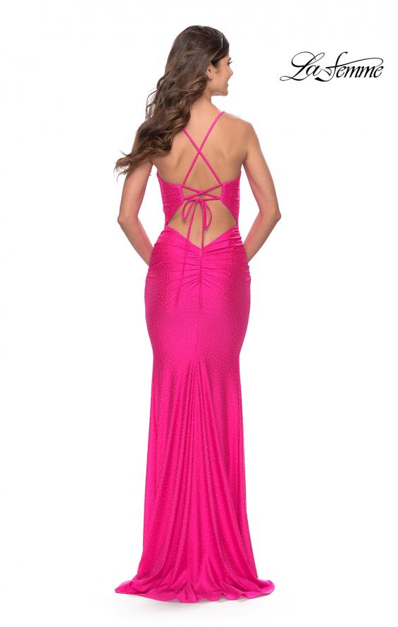 Picture of: Rhinestone Ruched Jersey Prom Dress with Lace Up Back in Bright Colors in Neon Pink, Style: 31237, Detail Picture 2