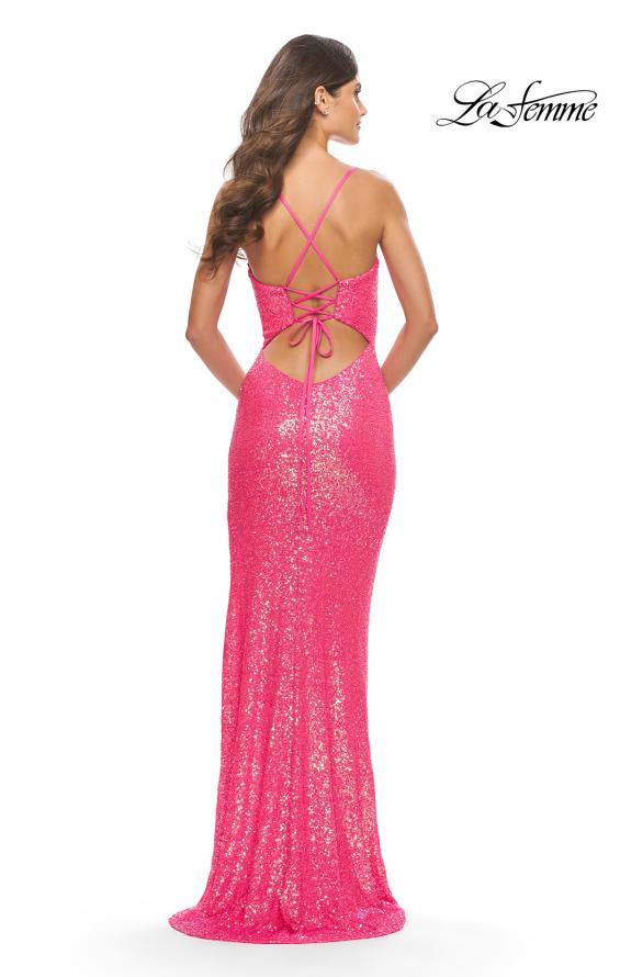 Picture of: Stretch Sequin Dress with High Side Slit and V Neck in Neon Pink, Style: 31298, Detail Picture 2