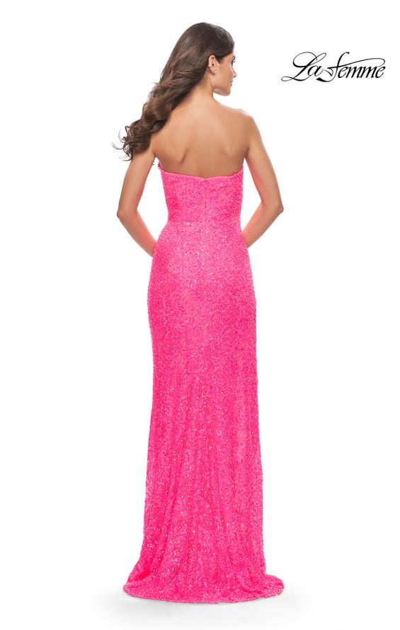 Picture of: Beaded Lace Strapless Dress with High Side Slit in Neon Pink, Style: 31351, Detail Picture 2