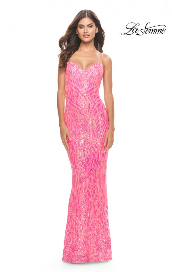 Picture of: Gorgeous Print Sequin Dress with Lace Up Back in Neon Pink, Style: 31390, Detail Picture 2