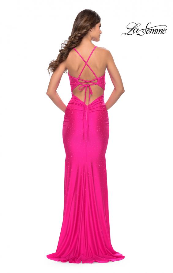 Picture of: Embellished Rhinestone Jersey Long Dress with Lace Up Back in Neon in Neon Pink, Style: 31401, Detail Picture 2