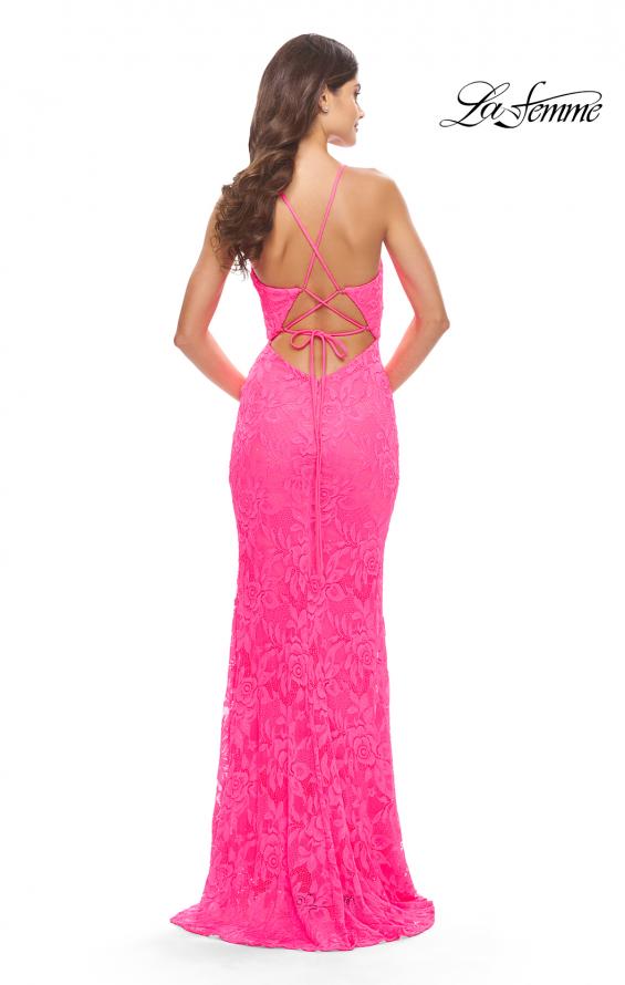 Picture of: Fitted Stretch Lace Prom Dress with Banded Waist in Neon in Neon Pink, Style: 31417, Detail Picture 2