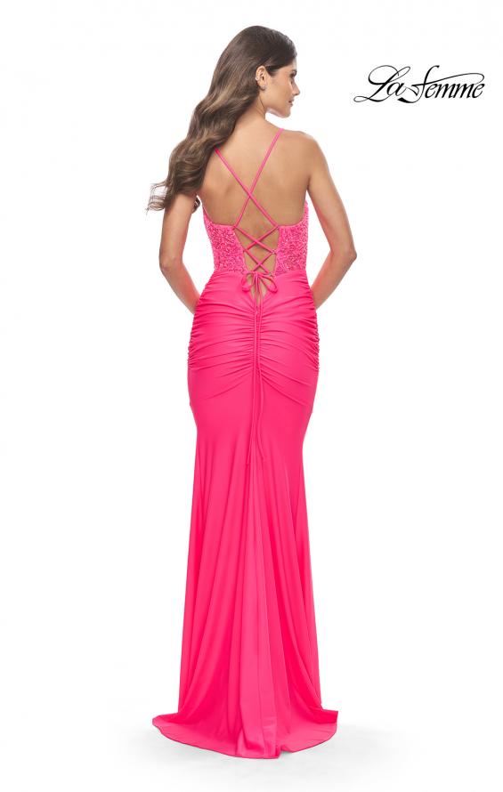 Picture of: Beaded Lace Bodice with Sheer Waist Long Jersey Gown in Bright Colors in Neon Pink, Style: 31437, Detail Picture 2