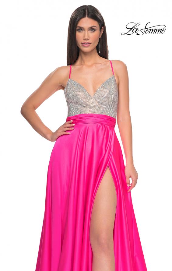 Picture of: Satin Gown with Sheer Rhinestone Bodice in Neon in Neon Pink, Style: 31448, Detail Picture 2