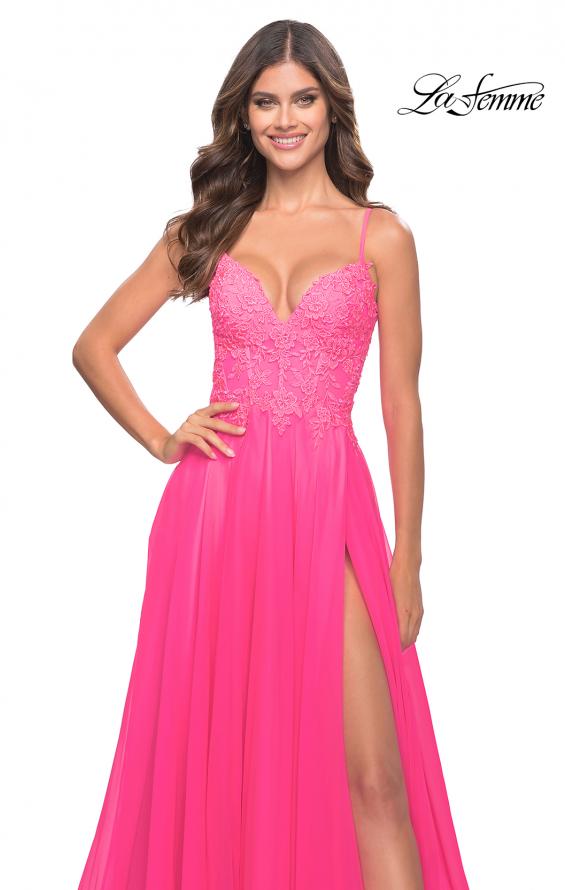 Picture of: A-line Gown with Sheer Floral Embellished Bodice in Neon Pink in Neon Pink, Style: 31506, Detail Picture 2