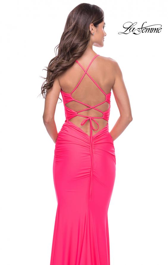 Picture of: Long Prom Dress with Front Cut Out and Twist Detail in Neon Pink, Style: 31539, Detail Picture 2