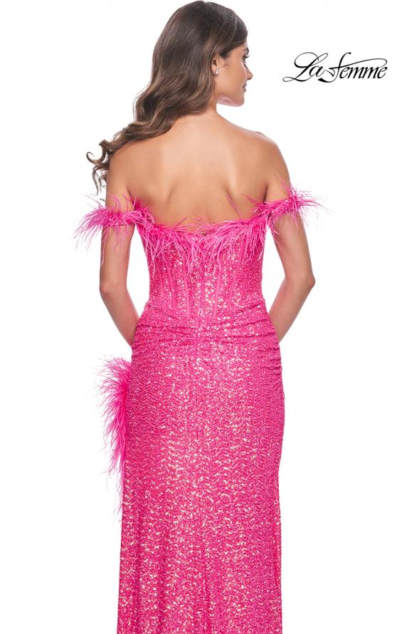 Picture of: Sequin Bustier Dress with Off the Shoulder Feather Lined Top and Slit in Neon Pink, Style: 32150, Detail Picture 2