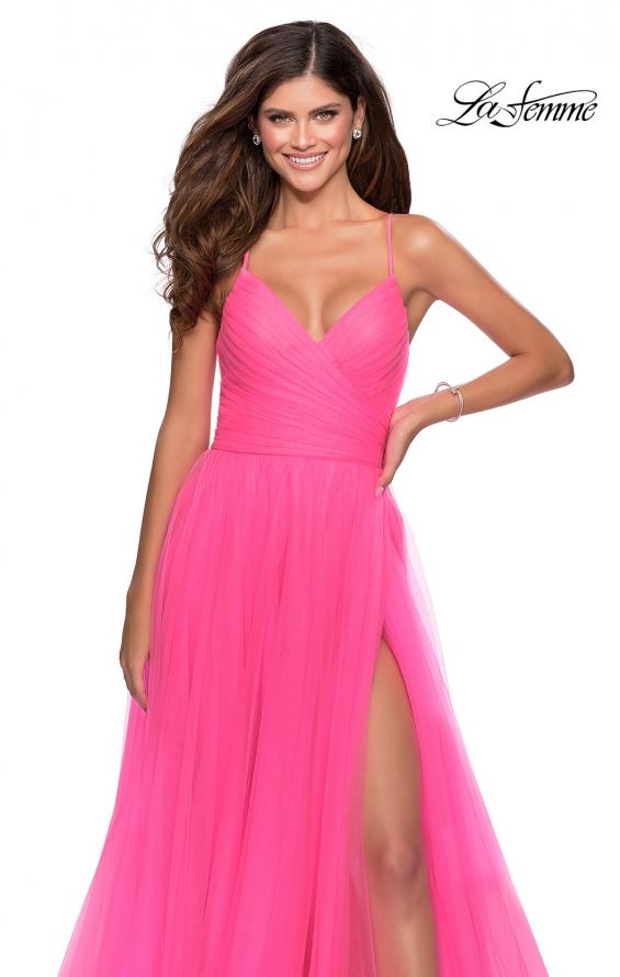 Picture of: Long Tulle A-line Prom Gown with Side Slit and Pockets in Neon Pink, Style: 28561, Detail Picture 3