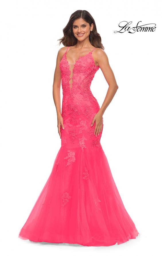 Picture of: Tulle and Lace Mermaid Gown in Neon Pink in Neon Pink, Detail Picture 3