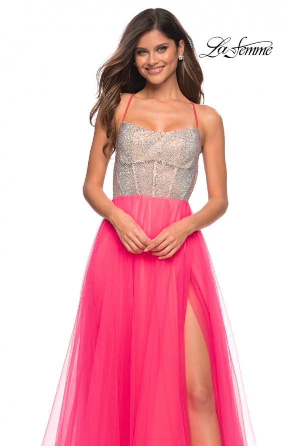 Picture of: Neon Tulle Ballgown with Jeweled Top and Pockets in Neon Pink, Detail Picture 3