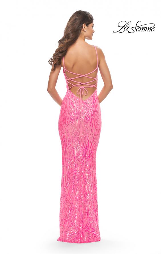Picture of: Gorgeous Print Sequin Dress with Lace Up Back in Neon Pink, Style: 31390, Detail Picture 3