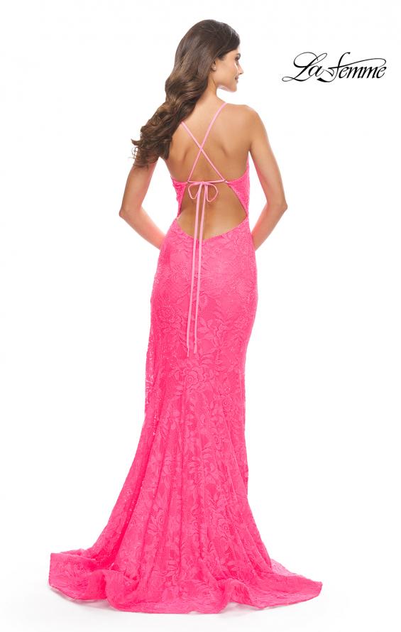 Picture of: Rhinestone Lace Embellished Prom Dress with High Side Slit in Bright Colors in Neon Pink, Style: 31404, Detail Picture 3
