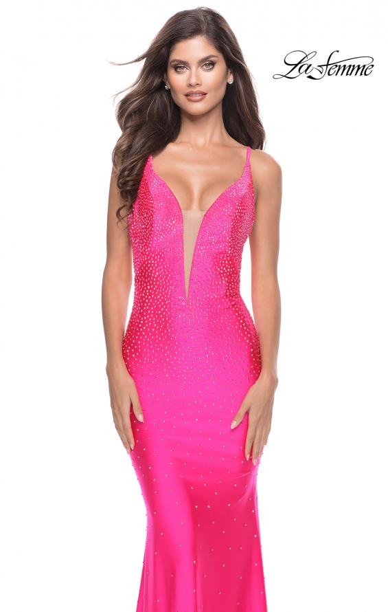 Picture of: Bedazzled Rhinestone Jersey Gown with Deep V Neckline in Neon in Neon Pink, Style: 31413, Detail Picture 3