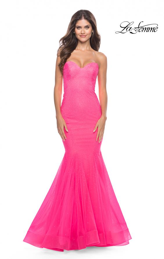 Picture of: Rhinestone Fully Embellished Prom Dress with Sheer Bodice in Neon in Neon Pink, Style: 31421, Detail Picture 3