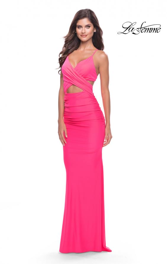Picture of: Cut Out Long Soft Jersey Dress with Criss Cross Bodice in Neon in Neon Pink, Style: 31442, Detail Picture 3
