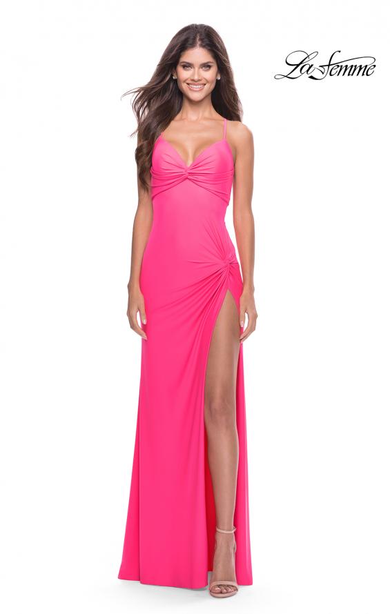 Picture of: Soft Jersey Dress with Knot Detail on Bust and Hip in Neon in Neon Pink, Style: 31446, Detail Picture 3