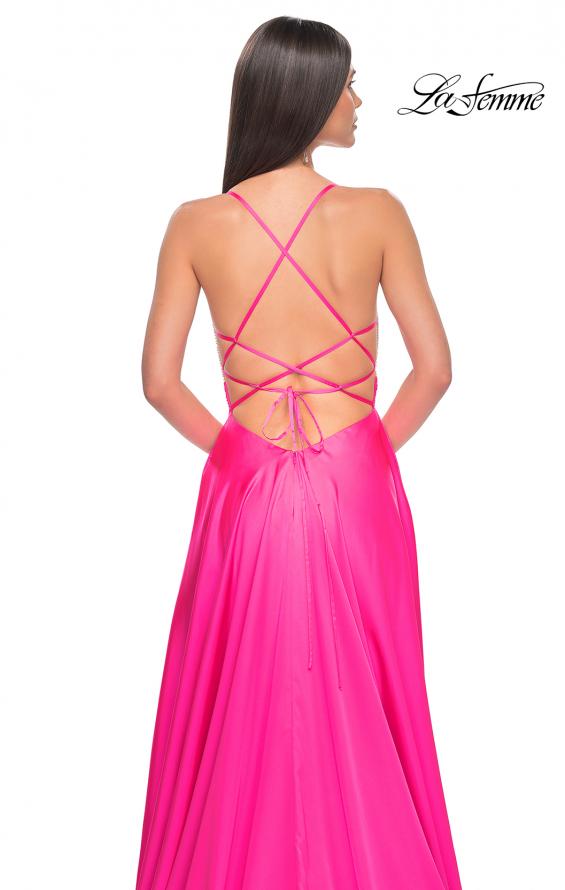 Picture of: Satin Gown with Sheer Rhinestone Bodice in Neon in Neon Pink, Style: 31448, Detail Picture 3
