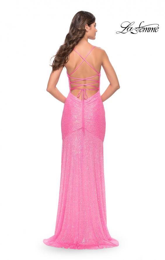 Picture of: Lace Up Back Sequin Gown with Flare Skirt in Bright Colors in Neon Pink, Style: 31509, Detail Picture 3
