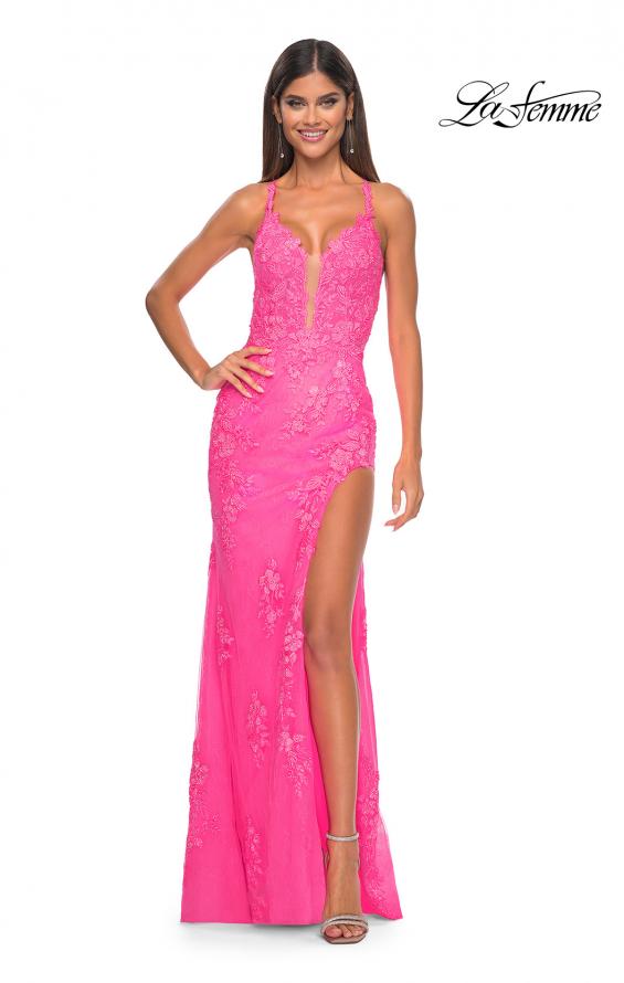 Picture of: Lace Fitted Dress with Deep V Neckline and Lace Applique in Neon Pink, Style: 32205, Detail Picture 3
