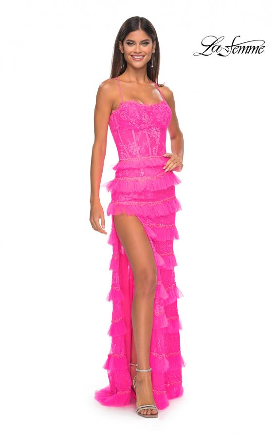 Picture of: Fitted Ruffle Skirt Lace Dress with Illusion Bodice in Neon Pink, Style: 32442, Detail Picture 3