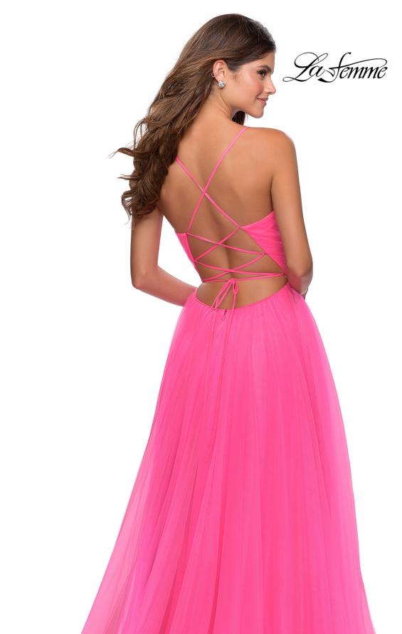 Picture of: Long Tulle A-line Prom Gown with Side Slit and Pockets in Neon Pink, Style: 28561, Detail Picture 4