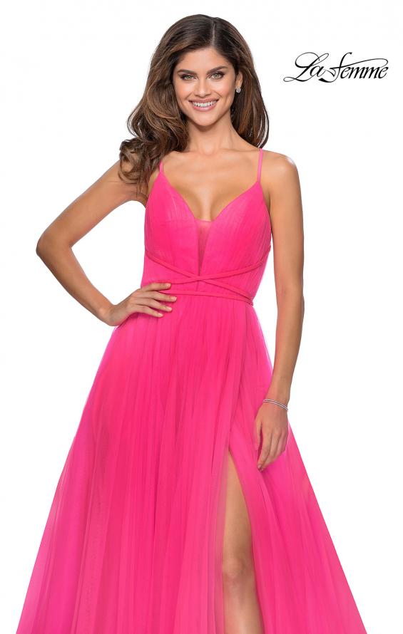Picture of: Long Tulle Prom Dress with Criss Cross Bodice Detail in Neon Pink, Style: 28893, Detail Picture 4