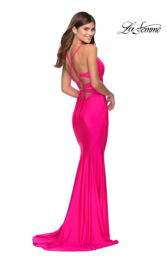Picture of: Triple Knotted Jersey Prom Dress with Tie Up Back in Neon Pink, Style: 28905, Detail Picture 4