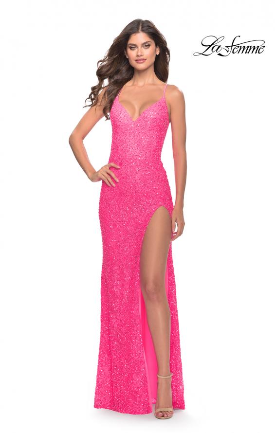 Picture of: Beaded Lace Gown with High Slit and V Neck in Neon Pink, Style: 31388, Detail Picture 4