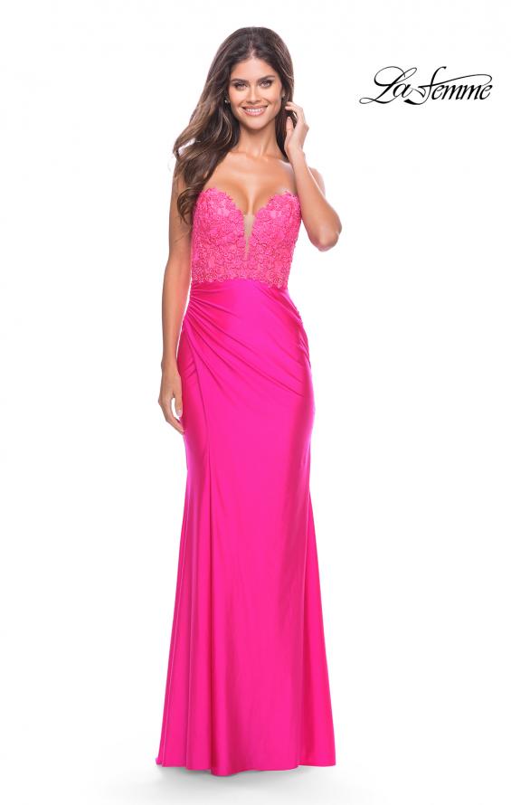 Picture of: Long Dress with Jersey Skirt and Lace Illusion Bodice in Neon in Neon Pink, Style: 31411, Detail Picture 4