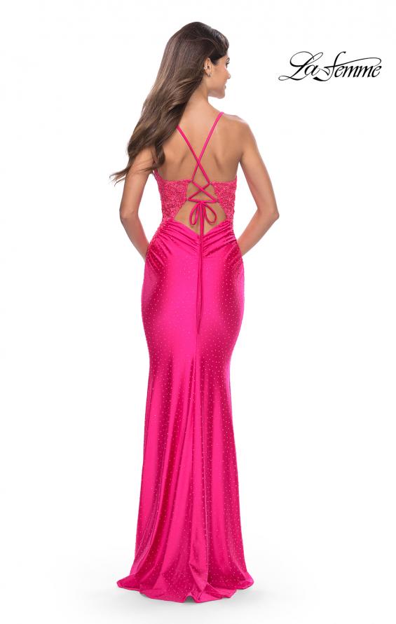 Picture of: Rhinestone Prom Dress with Lace Applique Side Panels in Neon in Neon Pink, Style: 31436, Detail Picture 4
