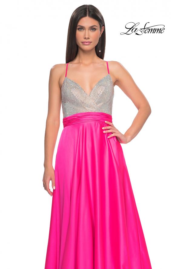 Picture of: Satin Gown with Sheer Rhinestone Bodice in Neon in Neon Pink, Style: 31448, Detail Picture 4