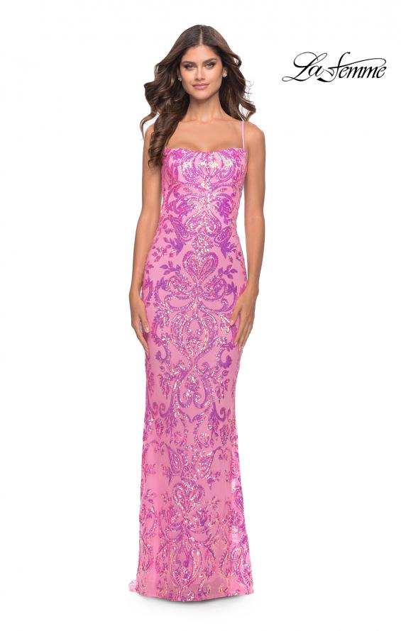 Picture of: Print Sequin Gown with Square Neckline in Neon Pink, Style: 31521, Detail Picture 4