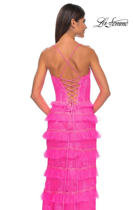 Picture of: Fitted Ruffle Skirt Lace Dress with Illusion Bodice in Neon Pink, Style: 32442, Detail Picture 4