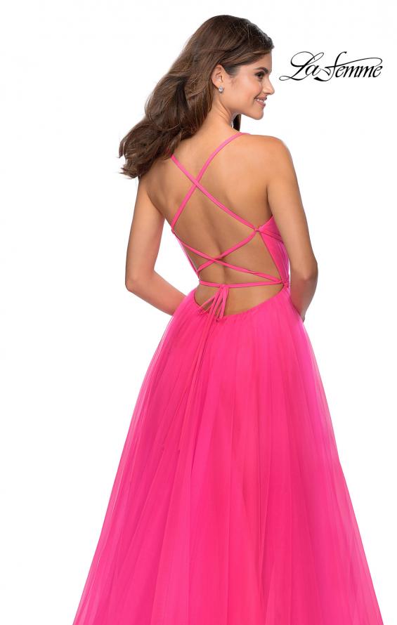Picture of: Long Tulle Prom Dress with Criss Cross Bodice Detail in Neon Pink, Style: 28893, Detail Picture 5